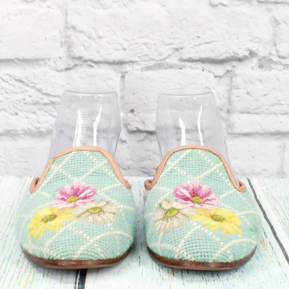 *Soles by Paige Blue Fabric Floral Needlepoint Mule Slide Sandals Size M - Picture 5 of 10